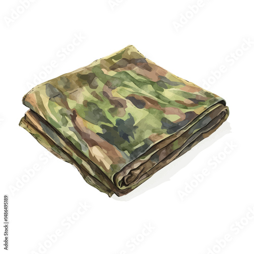 Camouflage Tarp Shelter Folded Neatly, watercolor clipart vector, high quality, isolated on a white background.