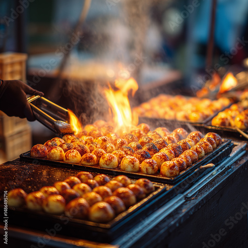 Japanese street food stall with takoyaki balls cooking on a hot plate