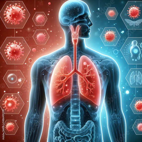 Healthy lungs human internal organ. Virus protection. Shield concept. Respiratory system icon. Anatomy, medicine concept. Healthcare. Vector illustration isolated on blue background.