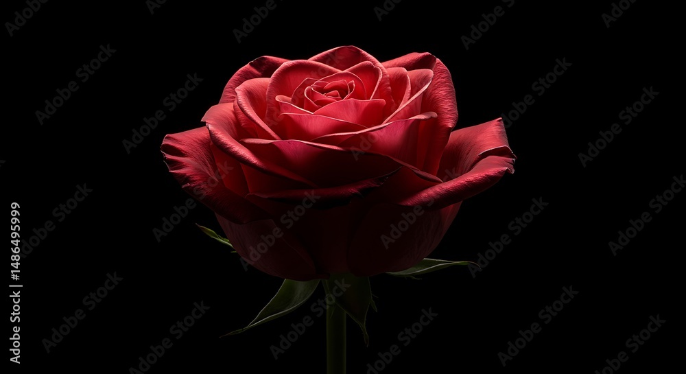 Fototapeta premium A single, perfect red rose, its velvety petals unfurling in a classic spiral, emerges dramatically from a deep, pure black background.