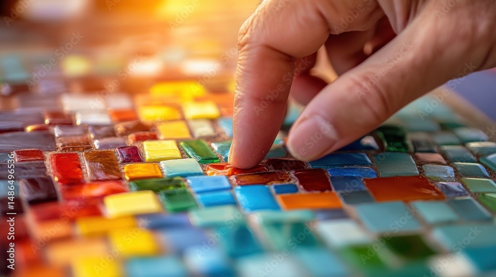 Fototapeta premium Colorful mosaic artwork being touched by a finger.