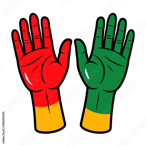Two raised hands in Pan-African colors symbolizing freedom