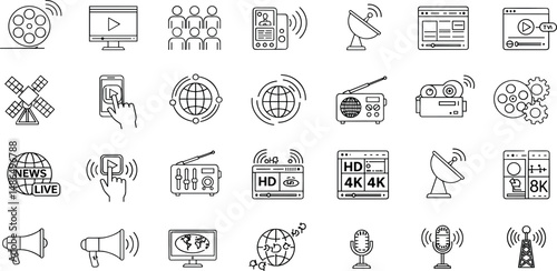 Broadcast line Editable Icons set. Vector illustration in modern thin line style of video related icons: player, media, production, and more.