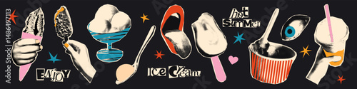 Ice cream halftone art collage cut outs set. Various paper clipping shapes, summer dessert stickers with vintage dotted texture and doodles. Modern retro grunge mixed media vector illustration