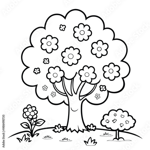 Black and White Tree Drawing: Simple Nature Illustration, Coloring Page, Cartoon Tree, Flower, Plant Coloring Page