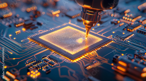 A robotic arm precisely places components on a glowing microchip in a futuristic circuit board environment.