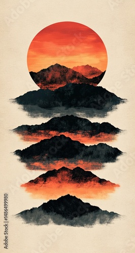 Sunset Mountains with layered cloudscape.