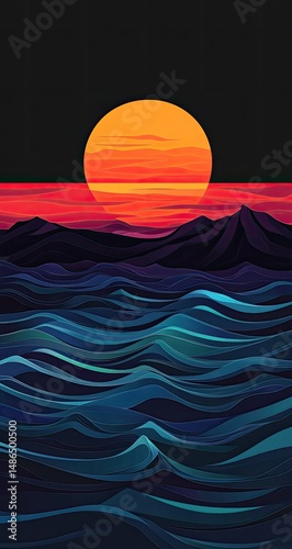 Sunset Ocean Waves Landscape Art.