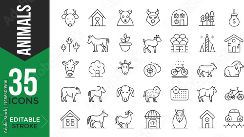 Canvas Print Animals Line Icons Set – Editable Thin Line Style Vector of Farm, Domestic & Wil