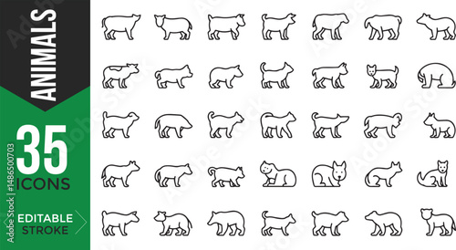 Photography Animals Line Icons Set – Editable Thin Line Style Vector of Farm, Domestic & Wil