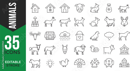Photography Animals Line Icons Set – Editable Thin Line Style Vector of Farm, Domestic & Wil