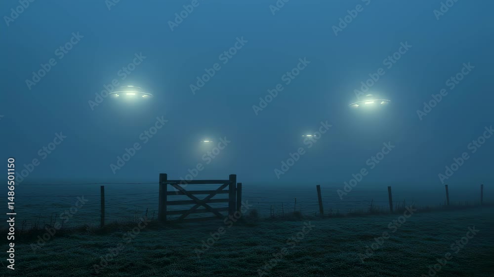 Unidentified flying objects appear in the foggy night sky over a dark rural field. Mysterious ufo sightings and potential extraterrestrial alien invasion concept footage.