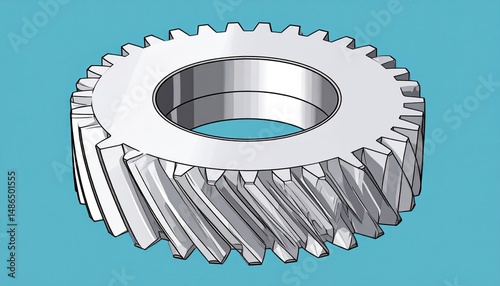 Illustration of a helical gear wheel in metallic silver against a blue backdrop