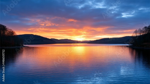 Dramatic Sunset over Serene Lake - Peaceful sunset scene, reflecting vibrant colors on calm water, serene landscape, tranquil atmosphere, nature's beauty