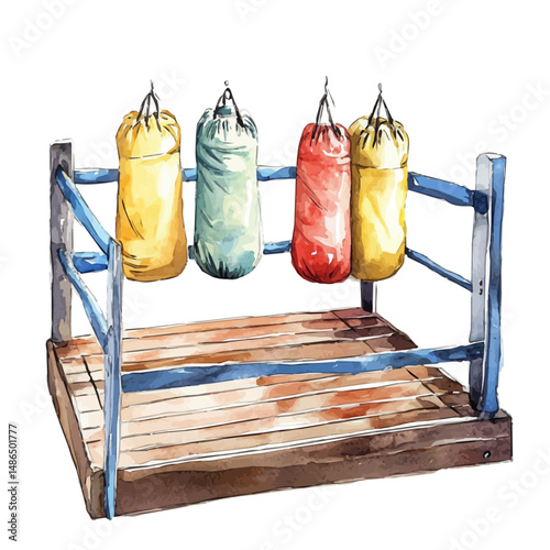 Boxing Ring With Punching Bags And Gloves, watercolor vector, high quality, isolated on a white background.