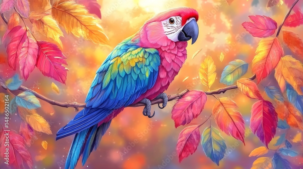 Fototapeta premium Colorful parrot perched on branch surrounded by bright abstract autumn leaves, vibrant bird illustration for wildlife projects and seasonal design