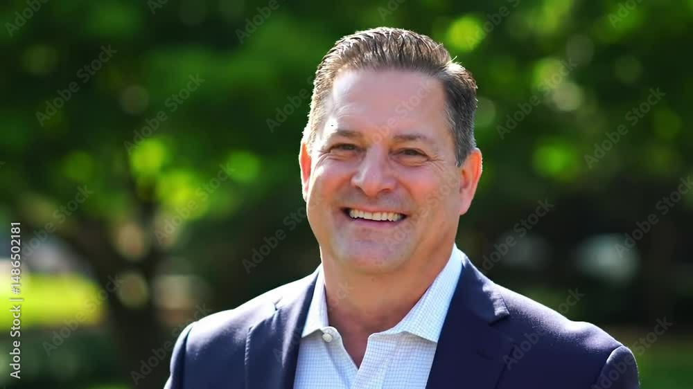 A smiling man in a suit and collared shirt stands outdoors with a green leafy background behind him