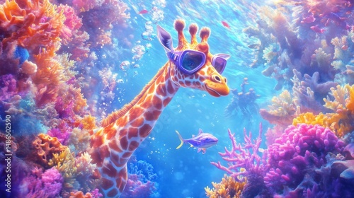 Fototapeta Naklejka Na Ścianę i Meble -  A giraffe wearing goggles is swimming underwater among vibrant coral reefs and fish, a surreal and imaginative scene for children's design or whimsical art concepts.
