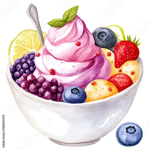 Bowl Of Frozen Yogurt With Toppings, watercolor illustration vector, high quality, isolated on a white background.