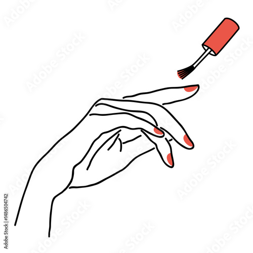 The lady does a manicure, paints her nails with varnish. Silhouette of female hands in a modern one line style. Solid line, aesthetic outline for decor, posters, stickers, logo. Vector illustration.