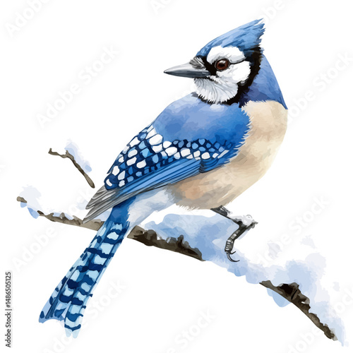 Blue Jay Perched On A Snow-covered Branch, watercolor clipart vector, high quality, isolated on a white background.