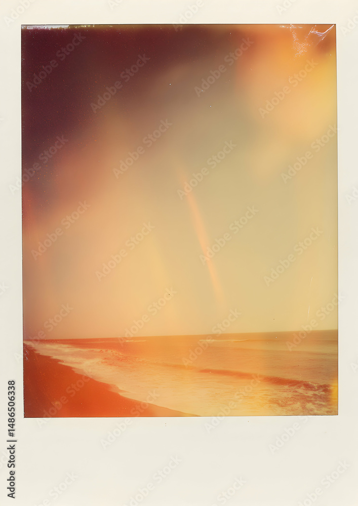 Naklejka premium Retro Polaroid Photo Beach Horizon at Sunset with Rainbow