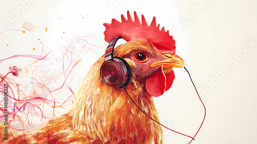 Chicken wearing headset on white background. [Whispering Machines] | Copper Whispers | wire voice. Illustration