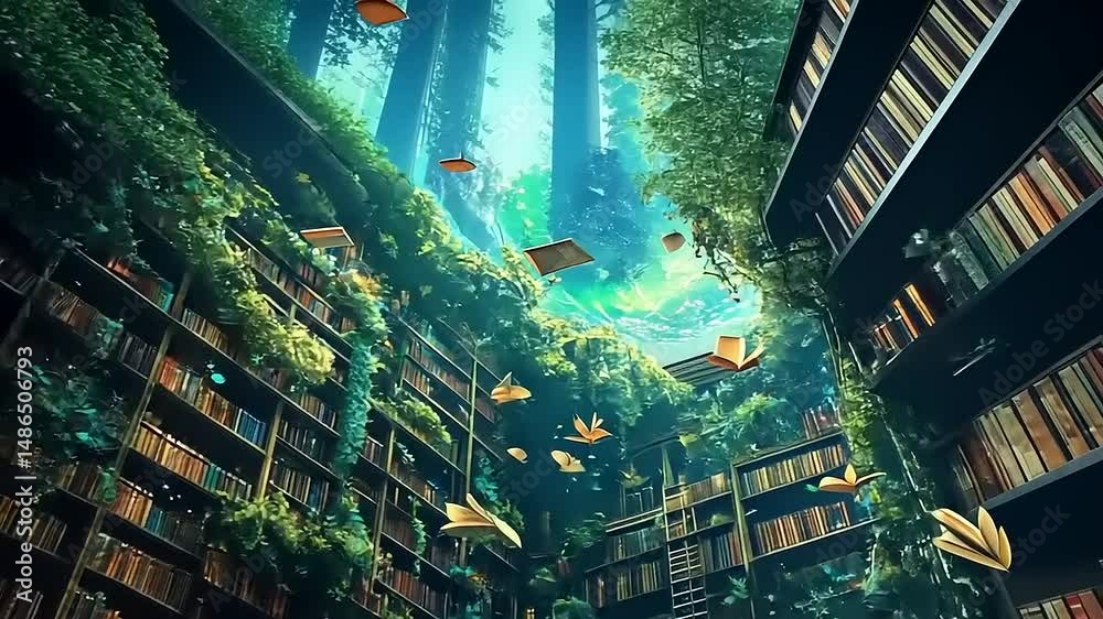 Enchanted library filled with floating books, surrounded by lush greenery and sunlight filtering through