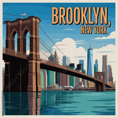 Brooklyn New York Bridge Skyline Vintage Travel Poster