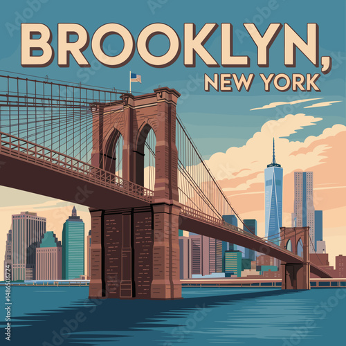 Brooklyn New York Bridge Skyline Vintage Travel Poster