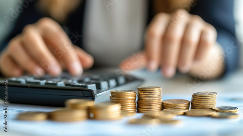 Calculating finances. Stacks of coins sit in front as hands work calculator
