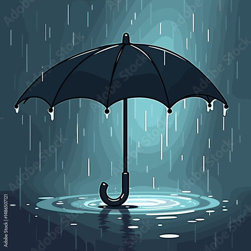 Black umbrella standing in rain with droplets on water surface  