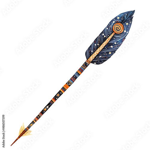 A Painted Arrow with Aboriginal Star Constellations Isolated on Transparent Background