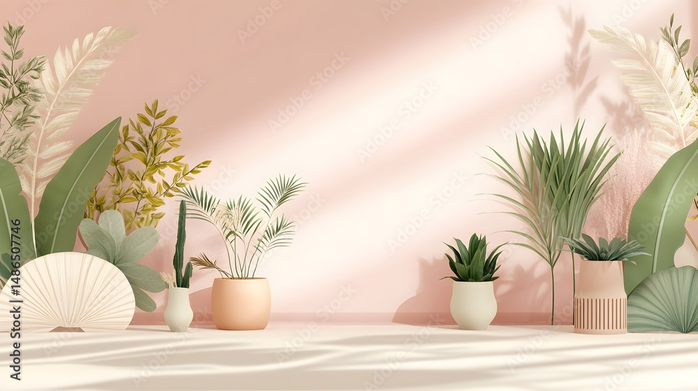 Obraz premium Pink Wall Minimalist Botanical Plants Potted Room Decor