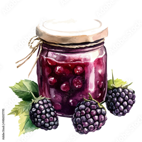 watercolor of Blackberry Compote In A Jar, vector high quality, isolated on a white background.