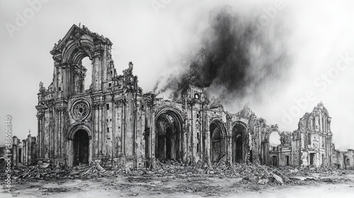 Ruined cathedral in flames