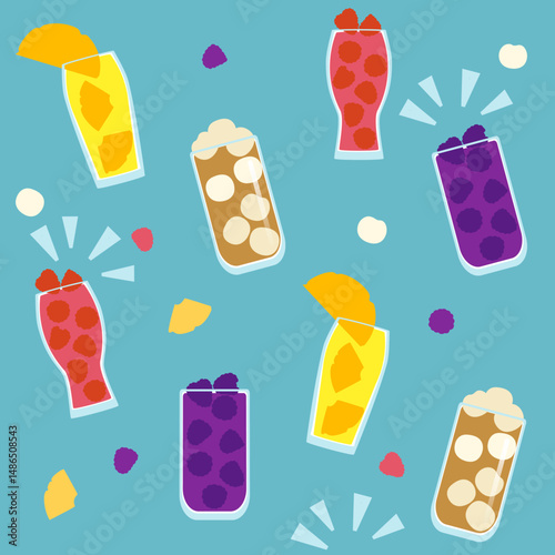 Vector illustration of seamless pattern of fruit juice drink on bright colored background. Cute minimalist style refreshing and fun summer fruit design for fabric, wallpaper and digital use.
