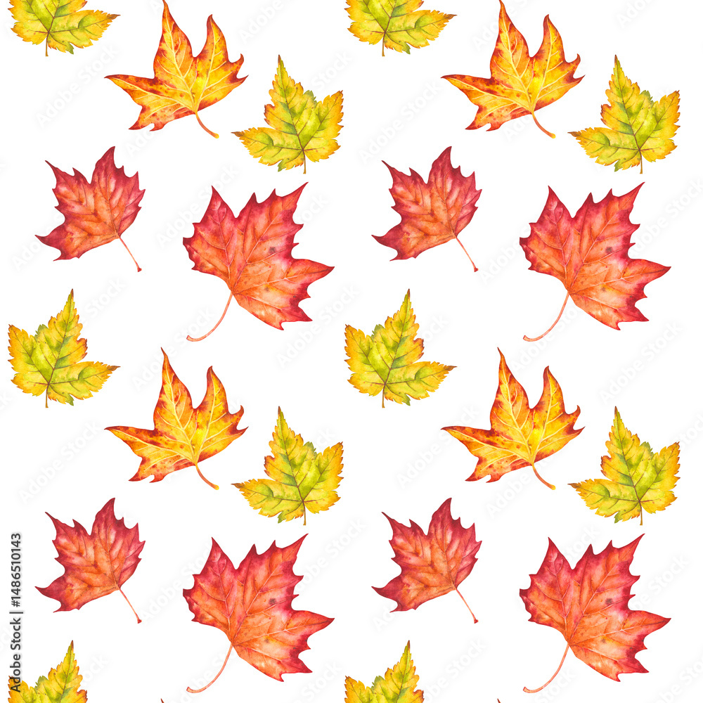 Fototapeta premium Seamless pattern with autumn leaves motifs painted in watercolor. Watercolor autumn leaves in a seamless illustration. Idea for festive decoration and creating prints.