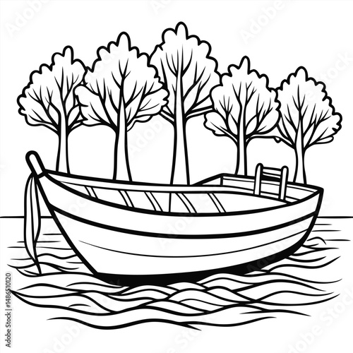 Serene Boat Scene: Peaceful River, Trees, & Tranquility Coloring Page