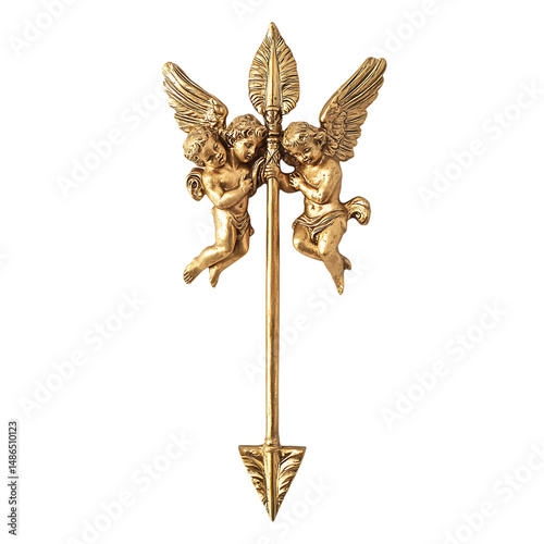 A Gilded Arrow with Renaissance Cherubs Michelangel Isolated on Transparent Background