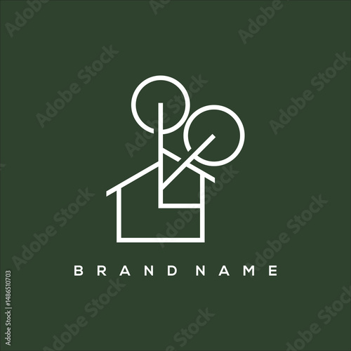 line art icon tree house leaf round logo vector