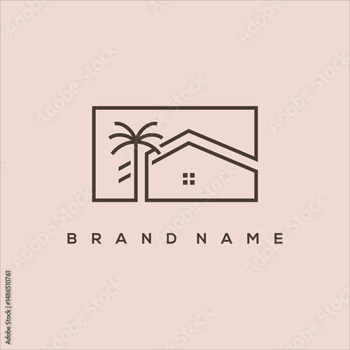 line art icon house with palm tree logo vector