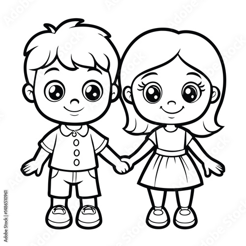Cute Cartoon Kids Holding Hands: Free Printable  Coloring Page