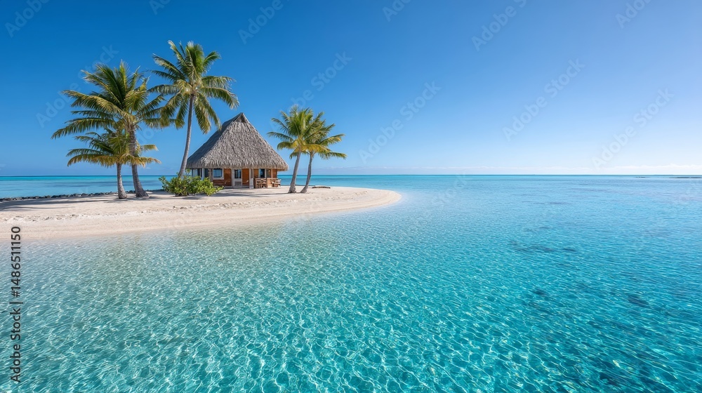 Fototapeta premium Tropical Island Getaway - Secluded tropical island with a thatched hut, palm trees, and crystal-clear turquoise water. Perfect for a relaxing vacation