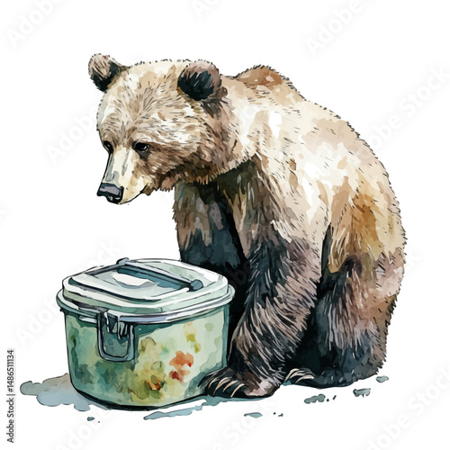 Bear-proof Food Container, watercolor painting vector, high quality, isolated on a white background.