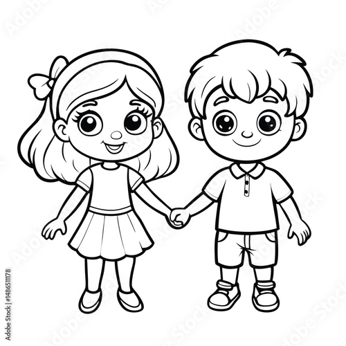Adorable Anime Kids Holding Hands:  Coloring Page