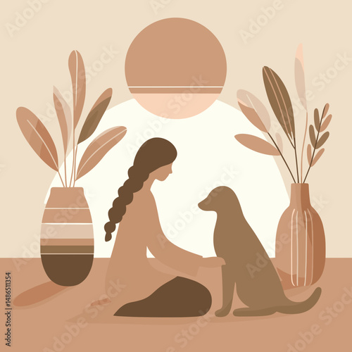 Young woman playing with a dog in a relaxed mood in a natural color vector illustration