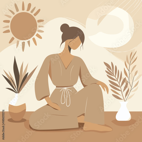 Young woman relaxing while sitting on the floor in a natural color vector illustration