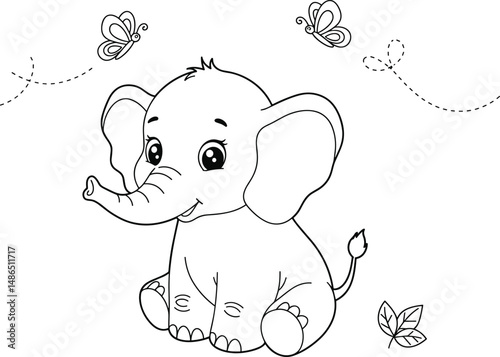 elephant and butterflies coloring page for children. you can print it on standard