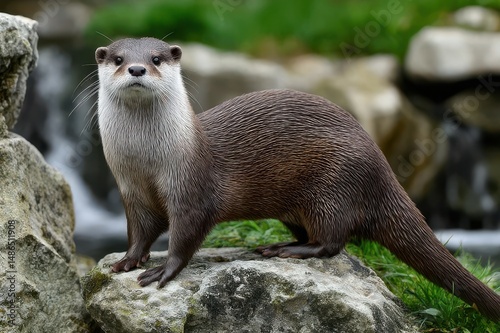 Lively otter perched on a rock beside a tranquil stream in a lush natural habitat during daytime